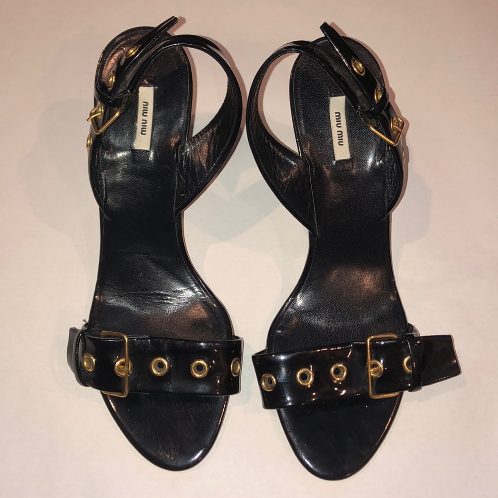 Miu Miu Leather Black Belt Buckle Wedge Heels 7